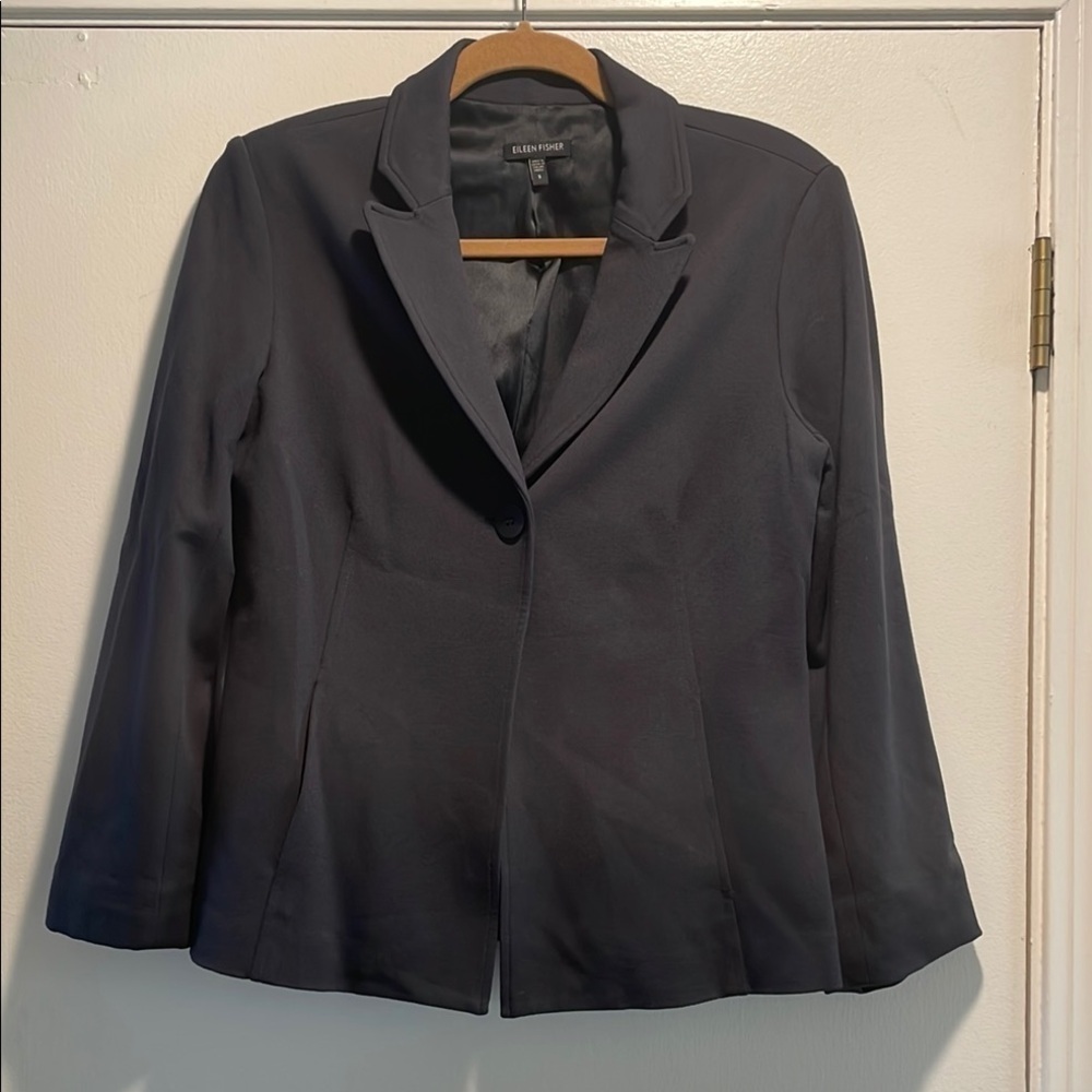 Eileen Fisher Charcoal Gray Single Breasted Minimalist Slit Pocket Front Blazer